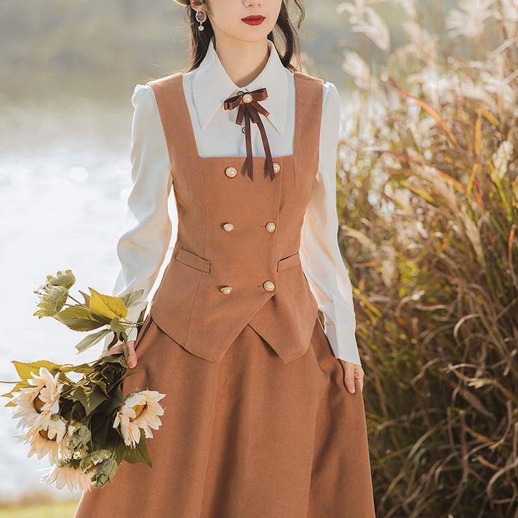 レディース スカート シャツ ベスト セットアップ 3点セット 前開き フレアスカート ロングスカート Y..