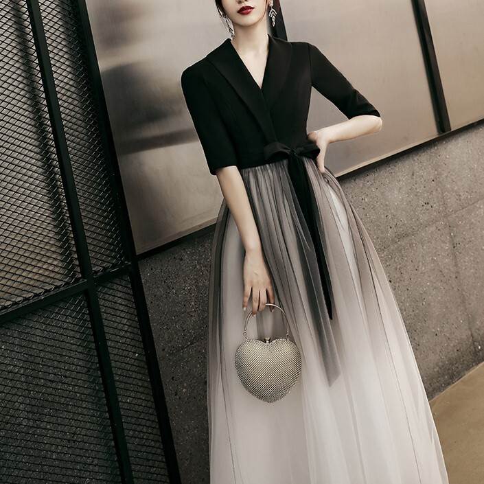 ドレス ワンピース パーティー 演奏会 発表会 ステージ 舞台 謝恩会 演劇 膝下 ロング マキシ 5分袖 Vネック 襟付き フレア ウエストマーク ウエストリボン 切り替えデザイン ドッキング ハイウエスト シアー 異素材切替え おしゃれ フェミニン きれいめ シンプル