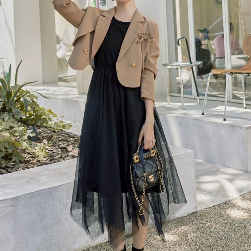 ジャケット＋ワンピースセットアップ ショートテーラードジャケット チュールワンピース レディース ジャケット ワンピース ドレスワンピース ワンピドレス 上着 テーラードジャケット ノースリーブワンピース フレア スリム 細身 Aライン アシンメトリー 2way