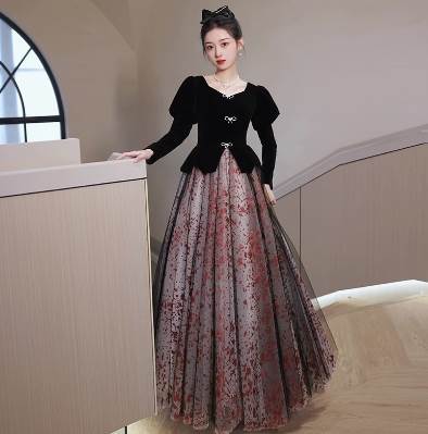 ドレス ウェディング パーティー 結婚式 二次会 披露宴 演奏会 発表会 ステージ 舞台 フォーマル キャバ ダンス 衣装 謝恩会 演劇 ラウンジ クラブ マキシ 長袖 ボリューム プリンセスライン フレア イブニング レース シフォン ウエストマーク 切り替えデザイン