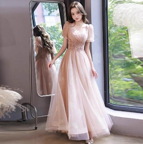 ドレス ウェディング パーティー 結婚式 二次会 披露宴 演奏会 発表会 ステージ フォーマル キャバ ダンス 衣装 コスプレ コスチューム 謝恩会 演劇 ラウンジ クラブ ロング マキシ 半袖 パフスリーブ Vネック プリンセスライン フレア シフォン ウエストマーク 透け感