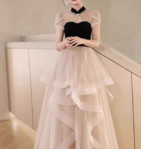 ドレス ウェディング パーティー 結婚式 二次会 披露宴 演奏会 発表会 ステージ フォーマル 衣装 演劇 クラブ マキシ 半袖 ハイネック プリンセスライン フレア カクテル イブニング レース チュール シフォン 切り替えデザイン ハイウエスト 透け感 シースルー