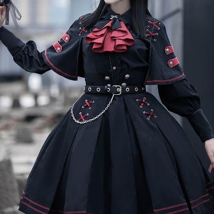 Rakuten - レディース 軍服風 コスプレフルセット トップス スカート ワンピース セットアップ ネクタイ付 ベルト付 長袖 襟付き りぼんタイ ネクタイ付き ワイド フレア フリル リボン ミリタリー 異国風 クラシカル 異素材MIX 送料無料 大人可愛い きれいめ シンプル ゴスロリ 個性的