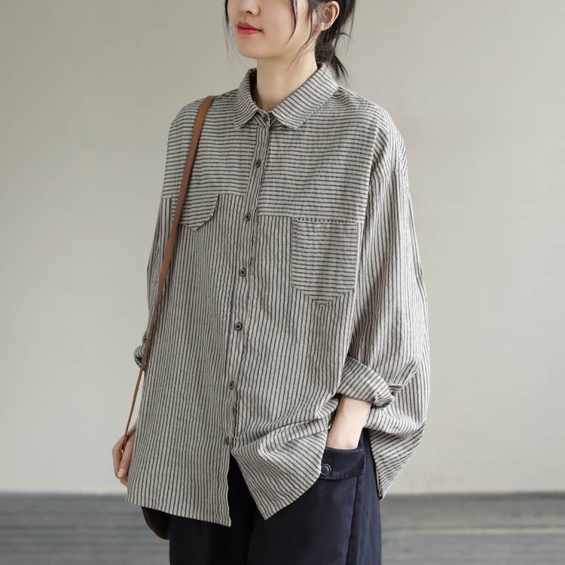 Rakuten - レディース トップス シャツ 長袖 襟付き ポロカラー ボタン 大人可愛い きれいめ シンプル カジュアル おしゃれ かっこいい ラフ ガーリー クール 都会的 ナチュラル ストライプ 春 秋 通勤 デート お出かけ お泊まり イベント 旅行 レストラン 公園 女子会 休日