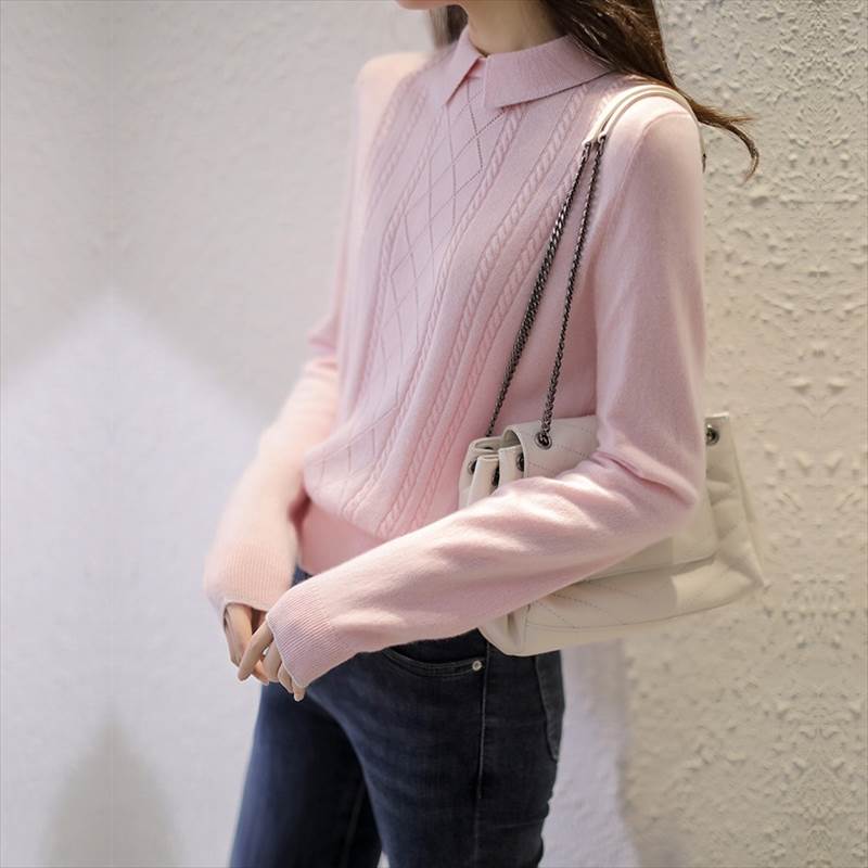 レディース トップス カットソー ニット 長袖 クルーネック 襟付き スリム ストレート Iライン スマー..