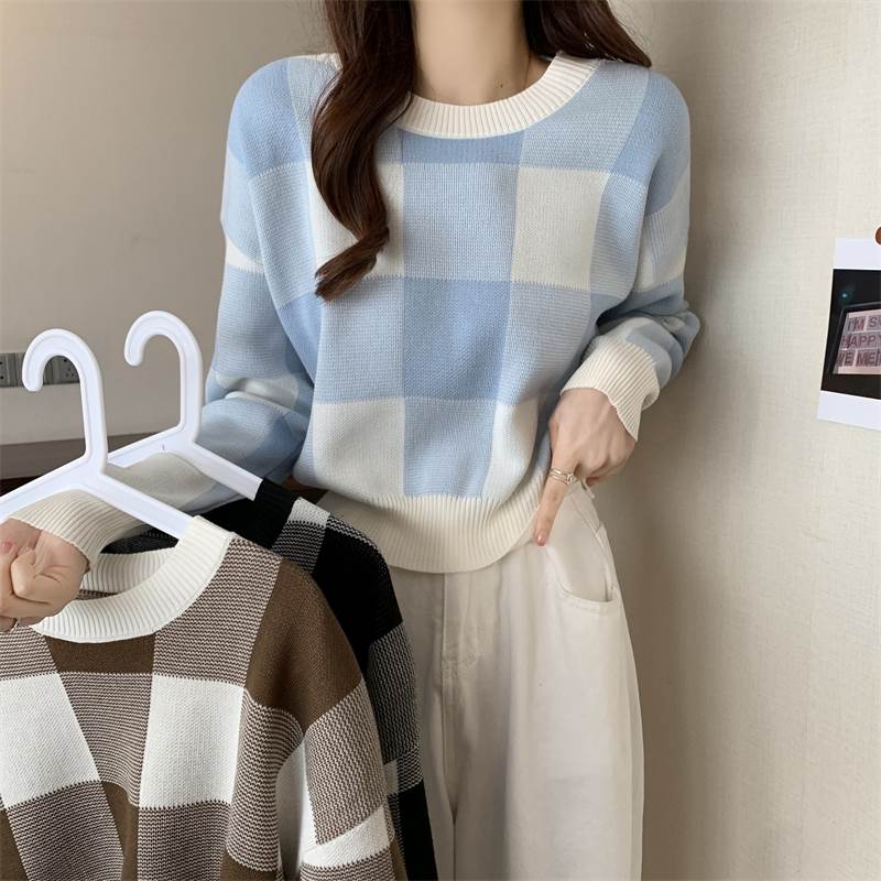 Rakuten - レディース トップス ニット ショート 長袖 クルーネック ストレート Iライン 前開き 2way ボタン 大人可愛い おしゃれ こなれ感 個性的 エレガント 主役級 存在感 抜け感 ベーシック ナチュラル チェック 格子柄 総柄 春 秋 ロングシーズン オフィス ビジネス OL 通勤