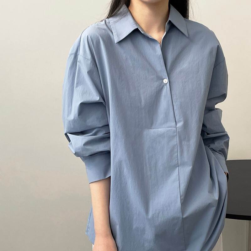 Rakuten - レディース トップス シャツ ロング 長袖 Vネック 襟付き ストレート Iライン オーバーサイズ ボタン かわいい 大人可愛い おしゃれ こなれ感 個性的 エレガント 主役級 存在感 抜け感 ベーシック ナチュラル 無地 総柄 春 秋 ロングシーズン オフィス ビジネス OL 通勤
