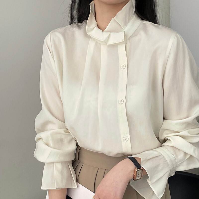 Rakuten - レディース トップス シャツ ロング 長袖 ハイネック ストレート Iライン オーバーサイズ 前開き 2way ボタン かわいい 大人可愛い おしゃれ こなれ感 個性的 エレガント 主役級 存在感 抜け感 ベーシック ナチュラル 無地 春 秋 ロングシーズン オフィス ビジネス OL