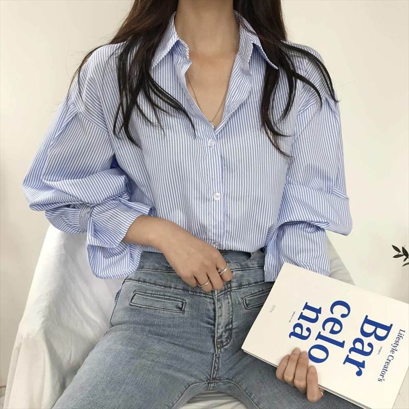 Rakuten - レディース トップス シャツ ロング 長袖 Vネック 襟付き ストレート Iライン オーバーサイズ 前開き 2way ボタン かわいい 大人可愛い おしゃれ こなれ感 個性的 エレガント 主役級 存在感 抜け感 ベーシック ナチュラル ストライプ 春 秋 ロングシーズン オフィス