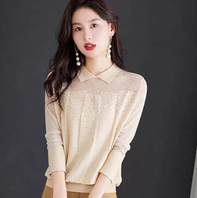 レディース トップス カットソー ニット 長袖 襟付き 角襟 フェミニン 透け感 シースルー スパンコール..