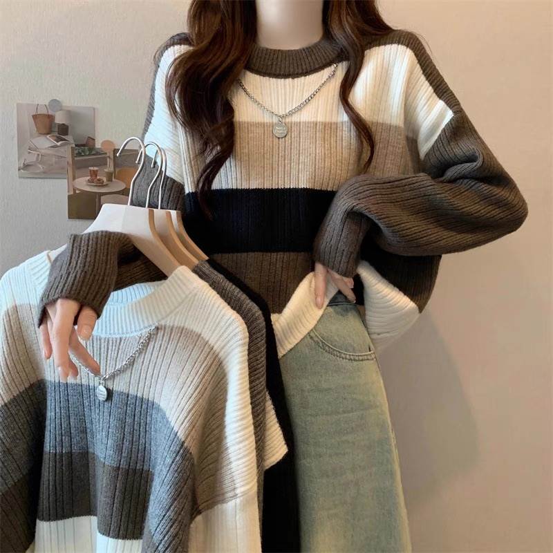 Rakuten - レディース トップス ニット セーター 長袖 ラウンドネック フェミニン ストリート アメカジ かわいい 大人可愛い シンプル カジュアル おしゃれ レトロ こなれ感 ラフ マニッシュ ボーイッシュ ルーズ 抜け感 学生風 ベーシック アメリカン プレッピー カントリー