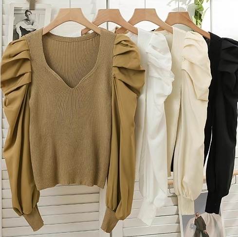 レディース トップス ニット 長袖 ボリューム袖 パフスリーブ Vネック タイト スリム 細身 スマート フ..