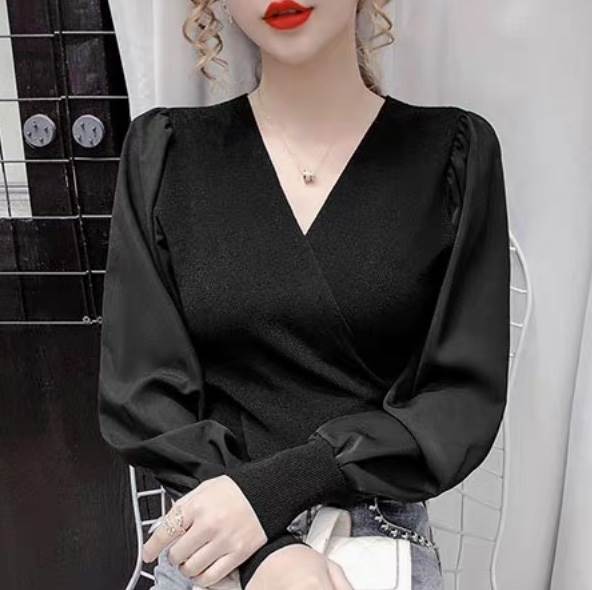 レディース トップス シャツ ブラウス ニット セーター 長袖 ボリューム袖 パフスリーブ カシュクール ..