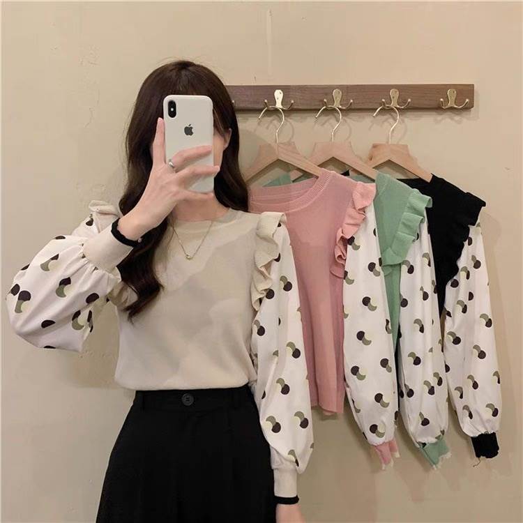 レディース トップス シャツ ブラウス ニット プルオーバー 長袖 ボリューム袖 フリル袖 ラウンドネッ..