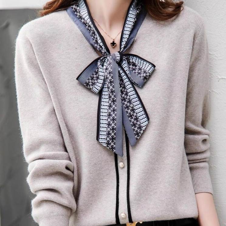 レディース トップス ニット セーター 長袖 Vネック りぼんタイ ネクタイ付き フェミニン 切り替えデザ..