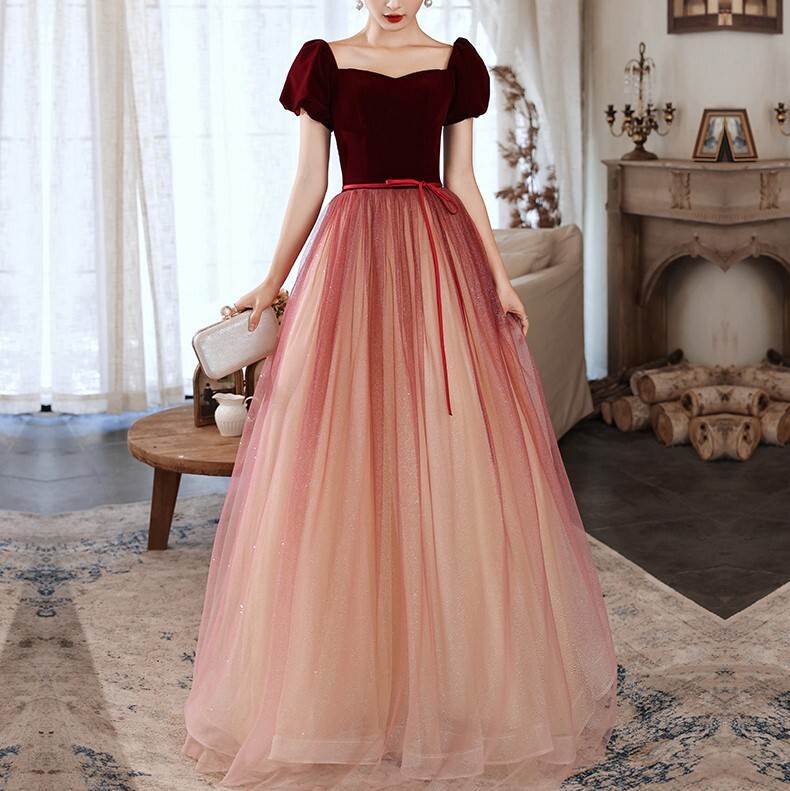 ドレスワンピースロング半袖パフスリ...