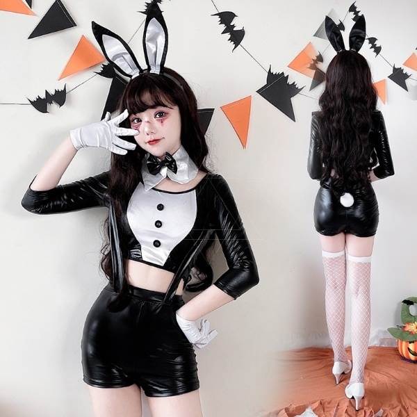 レディース セットアップ クロップドトップス サスペンダー付き ホットパンツ 蝶ネクタイ付き付け襟 うさ耳ヘッドドレス 手袋 網ニーハイソックス 6点セット ショートパンツ ミニ ショート 7分袖 ラウンドネック タイト スリム 細身 切り替え ボタン バイカラー 配色