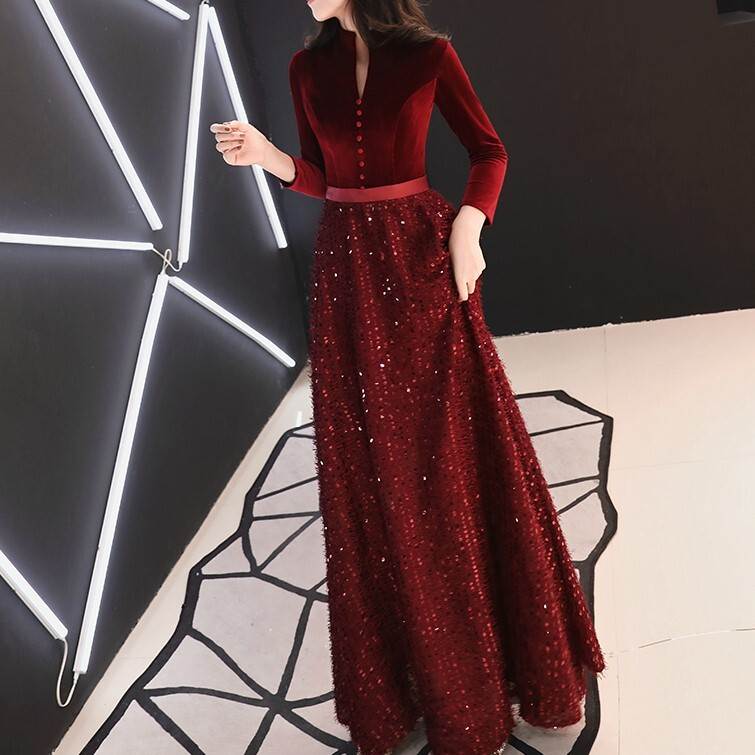 ドレス ワンピース パーティー 結婚式 披露宴 演奏会 発表会 ステージ 舞台 衣装 謝恩会 演劇 ロング マキシ 長袖 九分袖 オープンフロントネック スリットネック フレア Aライン ウエストマーク 切り替えデザイン ハイウエスト ベルベット スパンコール 異素材ミックス