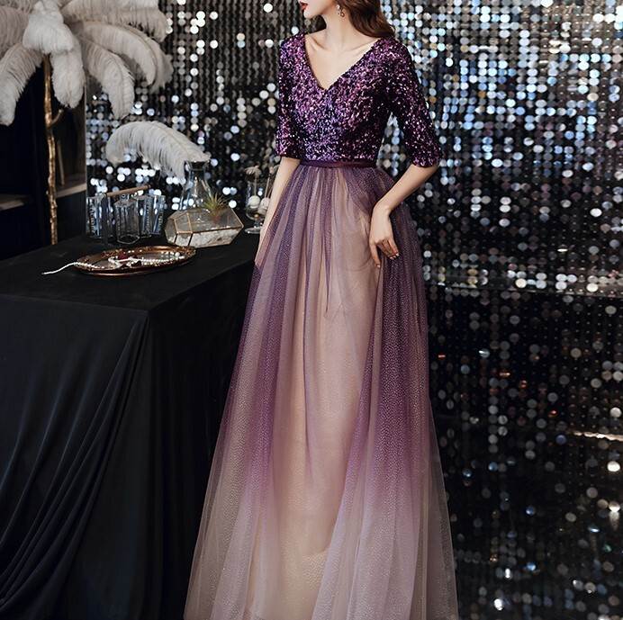 ドレス ワンピース 二次会 披露宴 演奏会 発表会 ステージ 舞台 衣装 謝恩会 演劇 膝下 ロング マキシ 5分袖 Vネック 襟なし フレア Aライン 切り替えデザイン ハイウエスト 透け感 スパンコール 異素材MIX グラデーションカラー きれいめ シンプル 大人可愛い 上品