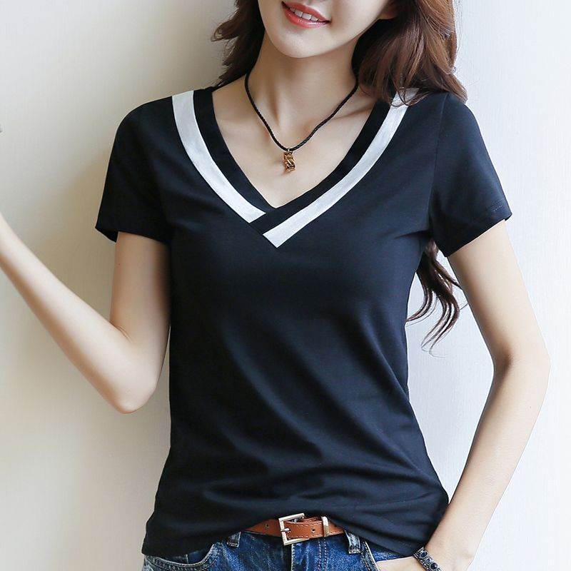 Rakuten - Tシャツ トップス Vネック レディース 半袖 襟なし スリム 細身 配色 かわいい 大人可愛い きれいめ シンプル カジュアル おしゃれ かっこいい ラフ スポーティー ガーリー ルーズ 個性的 キュート カレッジ風 学生風 ベーシック アクティブ ナチュラル アウトドア