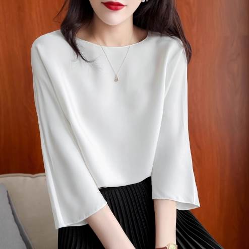 Rakuten - レディース トップス シャツ ブラウス 長袖 ラウンドネック フェミニン かわいい 大人可愛い きれいめ 上品 おしゃれ エレガント 存在感 とろみ感 都会的 ロマンティック 無地 春 秋 入学式 入園式 卒業式 卒園式 オフィス ビジネス OL 通勤 デート お出かけ イベント