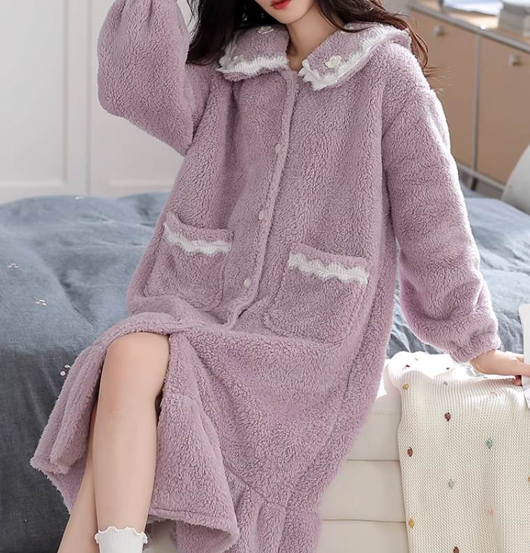 Room Wear - レディース ワンピース ルームウェア パジャマ 部屋着 着る毛布 寝巻き 羽織 前開き ロング 長袖 もこもこ ふわふわ ふっくら ポケット ボタン かわいい おしゃれ ラフ ガーリー 存在感 ラブリー キュート ロマンティック ナチュラル フラワー 春 秋 冬 ロングシーズン