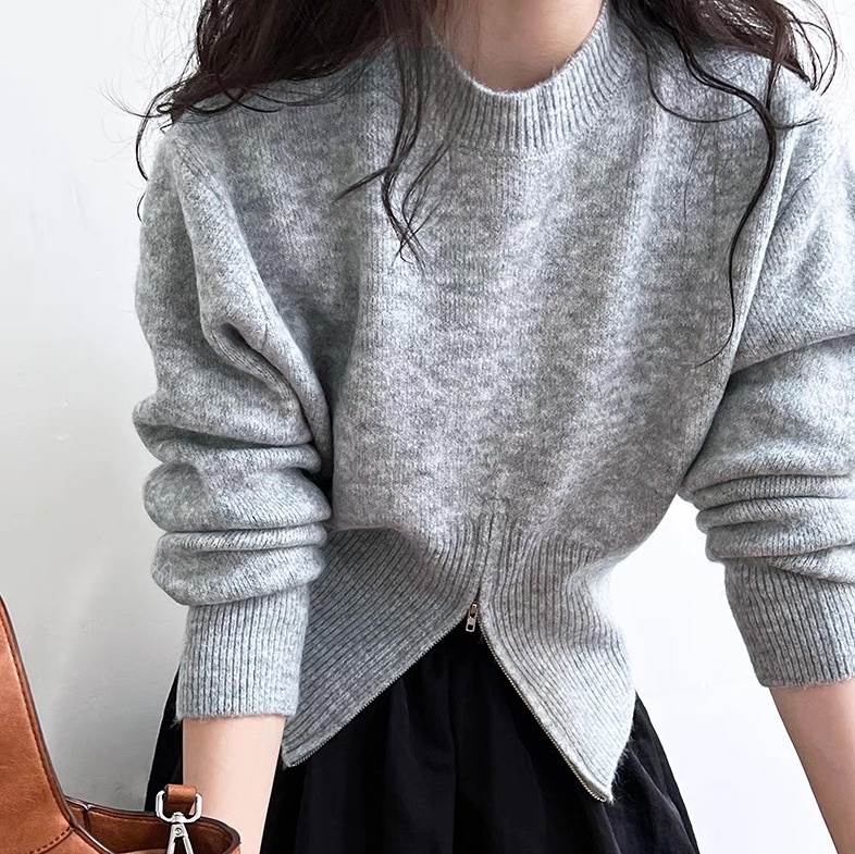 レディース トップス ニット セーター 長袖 Uネック フェミニン ファスナー ハイウエスト ヴィンテージ きれいめ シンプル カジュアル 上品 おしゃれ かっこいい レトロ こなれ感 ラフ マニッシュ ガーリー 個性的 クール モード系 抜け感 ヴィンテージ クラシカル