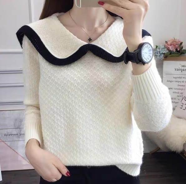 レディース トップス ニット セーター 長袖 Vネック 丸襟 セーラーカラー フェミニン 配色 かわいい 抜..