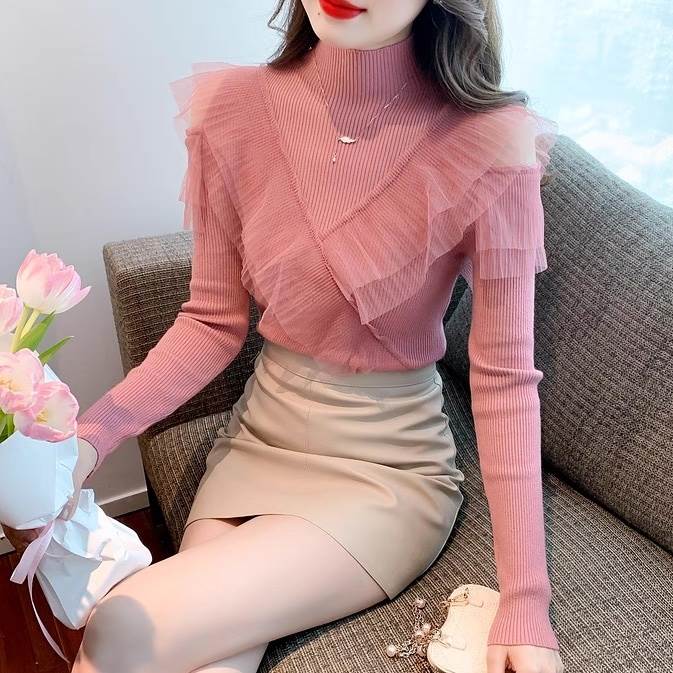 レディース トップス カットソー ニット 長袖 ハイネック オフショルダー タイト スリム 細身 フェミニ..