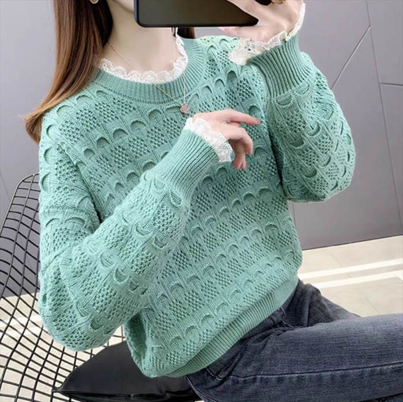 レディース トップス ニット セーター 長袖 フリル袖 ラウンドネック フェミニン レース フリル ハイウ..