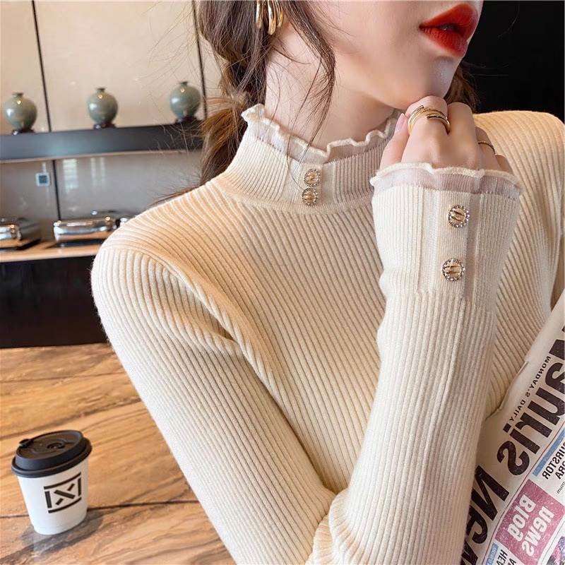 レディース トップス カットソー ニット セーター 長袖 フリル袖 タイト スリム 細身 フェミニン フリ..