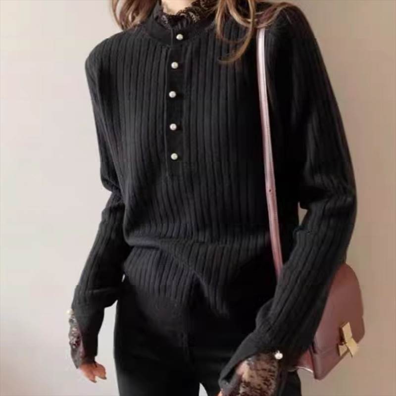 レディース トップス ニット セーター 長袖 フリル袖 スタンドカラー フェミニン レース 刺繍 ボタン ..