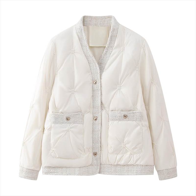 Rakuten - レディース ジャケット ブルゾン ブルゾン アウター 上着 バイピング 羽織 前開き ノーカラージャケット ダウンジャケット 長袖 Vネック もこもこ ふわふわ ツイード ヴィンテージ 切り替えデザイン ドッキング 大人可愛い 上品 おしゃれ レトロ ガーリー エレガント