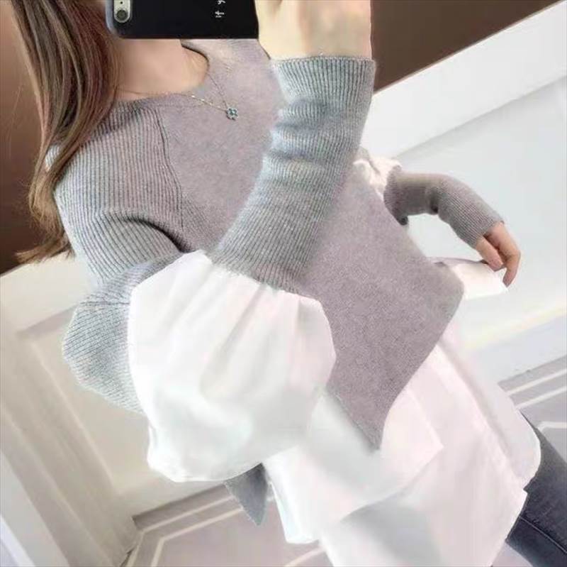 レディース トップス シャツ ブラウス ニット セーター 長袖 ラウンドネック 切り替えデザイン ドッキ..