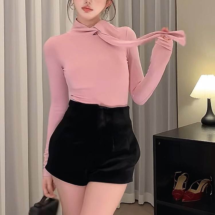 Rakuten - レディース トップス カットソー 長袖 アシンメトリー タイト スリム ストレート Iライン フェミニン リボン 伸縮性 薄手 かわいい 大人可愛い きれいめ シンプル 上品 おしゃれ かっこいい エキゾチック こなれ感 ガーリー 個性的 エレガント 主役級 存在感 とろみ感