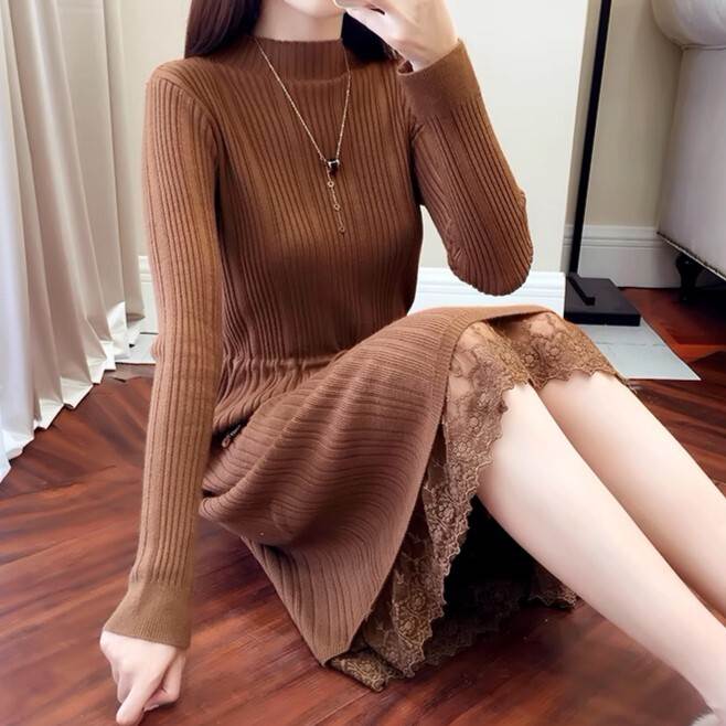 Rakuten - レディース ワンピース レーススカート 膝丈 ミモレ 長袖 ハイネック Aライン フェミニン リボン ウエストマーク ウエストリボン ハイウエスト リブ 薄手 かわいい 大人可愛い きれいめ シンプル 上品 おしゃれ こなれ感 ラフ ガーリー エレガント モダン 主役級 存在感