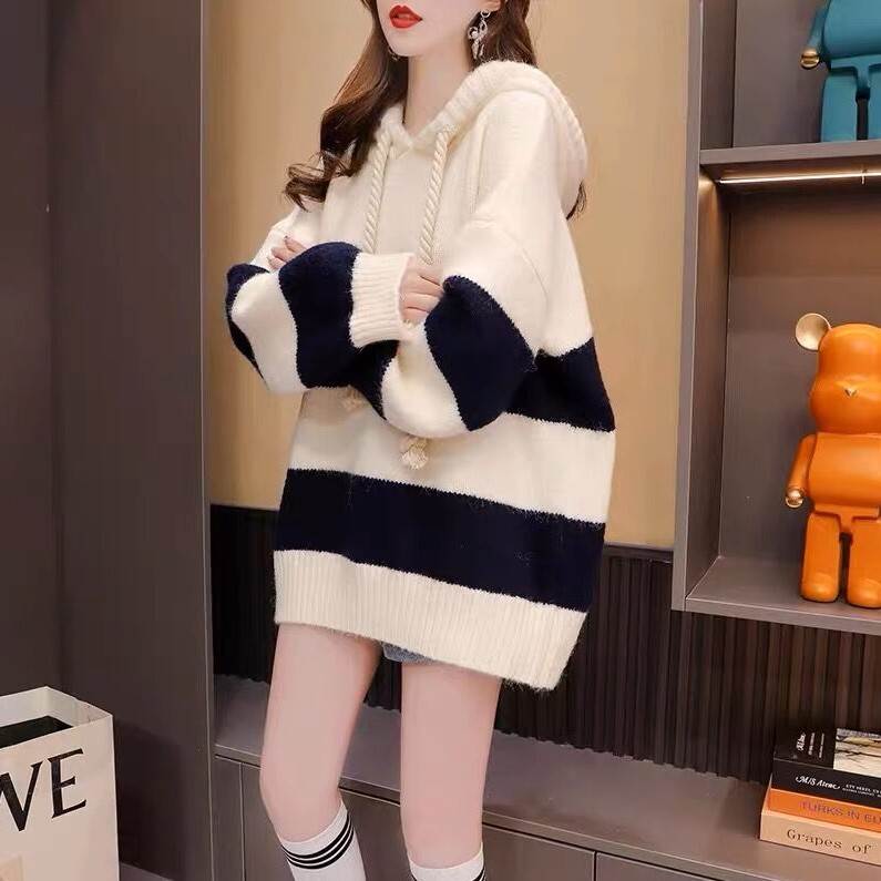 レディース トップス ニット セーター パーカー 長袖 ボリューム袖 ドロップショルダー 萌袖 Vネック フード ストレート ふわふわ 伸縮..