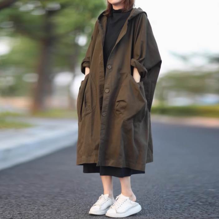 Rakuten - レディース コート アウター 上着 羽織 前開き ロングコート 膝下 ロング 丈長 長袖 フード ストレート Iライン ポケット 薄手 かわいい 大人可愛い シンプル カジュアル おしゃれ かっこいい こなれ感 ラフ メンズライク ボーイッシュ クール 存在感 とろみ感 抜け感