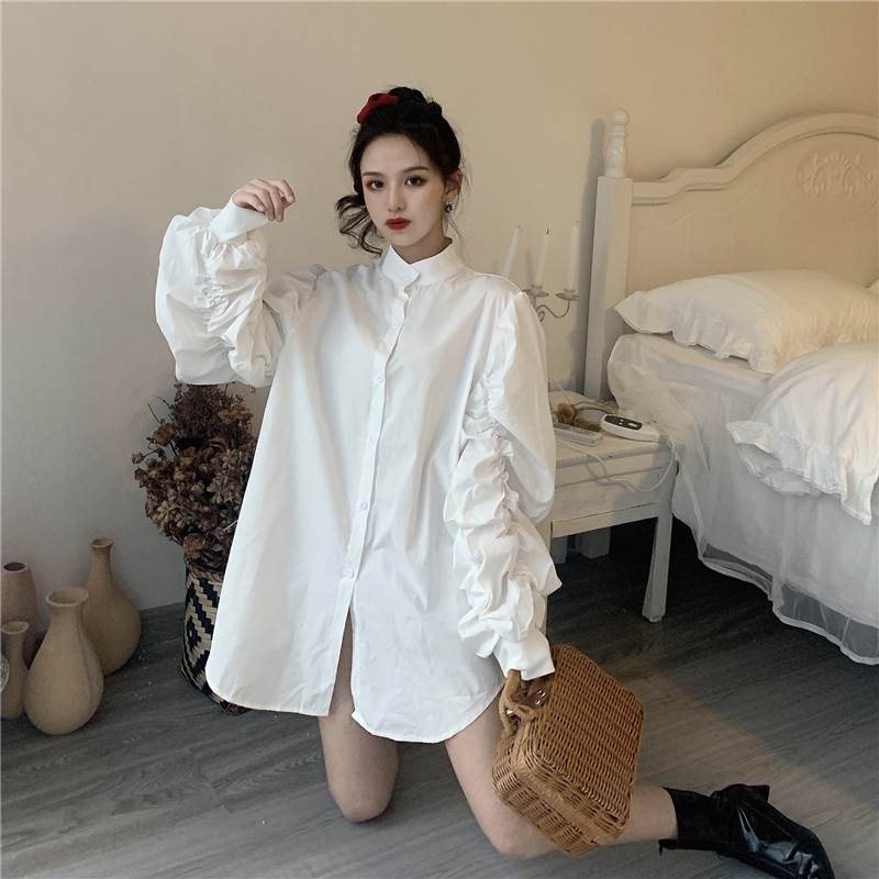 Rakuten - レディース トップス シャツ ロング 長袖 ハイネック ワイド オーバーサイズ 前開き 2way ボタン 大人可愛い シンプル 上品 おしゃれ こなれ感 個性的 主役級 存在感 抜け感 都会的 ベーシック ナチュラル 無地 春 秋 入学式 ロングシーズン ママ マタニティ オフィス