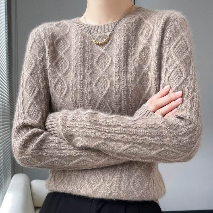 レディース トップス ニット セーター プルオーバー 長袖 ラウンドネック 襟なし スリム 細身 フェミニ..