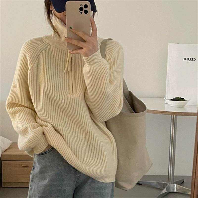 Rakuten - レディース トップス ニット セーター プルオーバー ハーフジップアップ 長袖 ボリューム袖 ハイネック ワイド フェミニン ファスナー 前開き 厚手 かわいい 大人可愛い きれいめ シンプル カジュアル 上品 おしゃれ こなれ感 ラフ 個性的 主役級 都会的 ベーシック