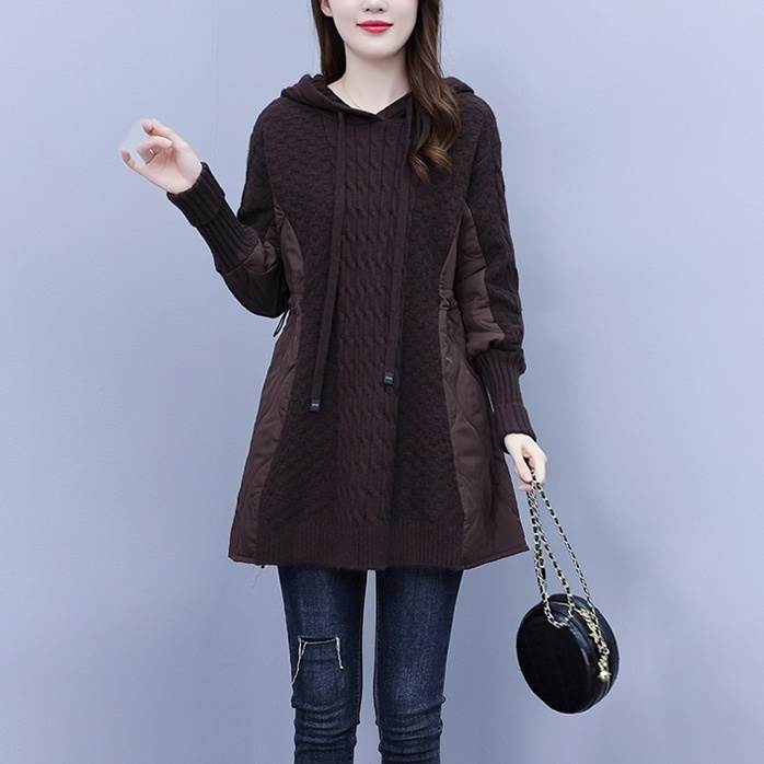 レディース トップス ニット プルオーバー チュニック ロング 長袖 フード スリム 細身 フェミニン ケーブルニット 切り替えデザイン ドッキング キルティング 中厚手 ケーブルニット かわいい 大人可愛い きれいめ シンプル カジュアル 上品 おしゃれ こなれ感 個性的