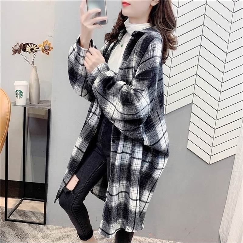 Rakuten - オーバーチェックシャツ チェック柄ロングシャツ レディース トップス ジャケット ロンT シャツ 上着 羽織 ロング ドロップショルダー バルーン袖 長袖 襟付き オーバーサイズ ワイド かわいい 大人可愛い きれいめ カジュアル 上品 おしゃれ かっこいい レトロ