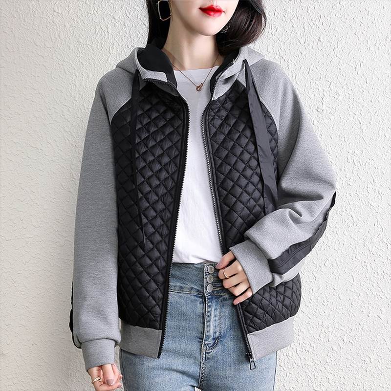Rakuten - キルティングMIXパーカー スウェット切り替えパーカー レディース ジャケット パーカー トレーナー スウェット 上着 羽織 長袖 フード オーバーサイズ ワイド 切り替え ジップ ドッキング 切り替えデザイン 配色 キルティング 異素材ミックス かわいい 大人可愛い