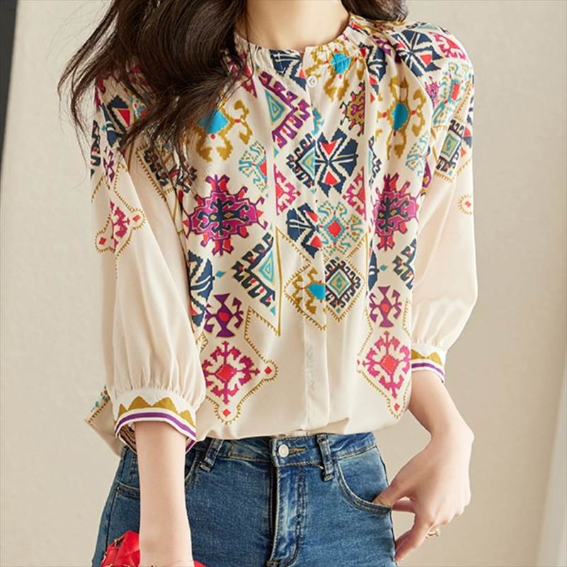 レトロプリントブラウスボヘミアンブ...