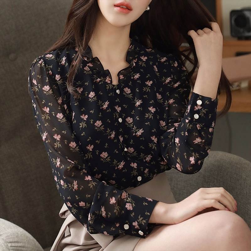 花柄シフォンシャツ花柄ノーカラーシ...