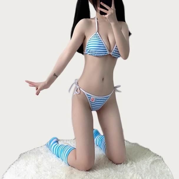水着 ビキニ スイムウェア レディース ソックス付き ハイソックス 靴下 紐 三角ビキニ セパレート ノンワイヤー パッド付き セット スリーピース 上下セット かわいい 大人可愛い シンプル カジュアル 存在感 ラブリー キュート ガーリー 個性的 セクシー コスプレ
