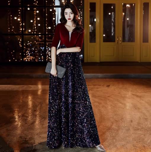 Nightwear - ドレス 衣装 ワンピース ロングワンピース イブニングドレス 二次会ドレス 演奏会ドレス ステージドレス ロング丈 5分袖 ラウンドネック ウエストマーク セミフレア シースルー 刺? かわいい 大人可愛い きれいめ シンプル 大人 上品 おしゃれ かっこいい レトロ