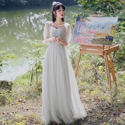 サイズ豊富 選べる4タイプ シアー切替え ワンピース ドレス 膝下 ロング マキシ 半袖 5分袖 ボリューム袖 オープンショルダー Vネック ラウンドネック オフショルダー フレア レース チュール ハイウエスト 透け感 シースルー バックレースアップ 後ろ編み上げ