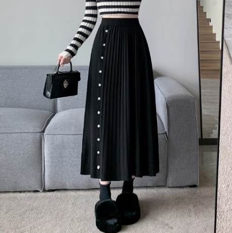 Rakuten - ニットスカート ロング 秋冬 タイトスカートスリットスカート 黒 無地 スカート コーデ レディース かわいい 大人可愛い きれいめ シンプル カジュアル 上品 おしゃれ かっこいい 都会的 通勤 デート お出かけ 女子会 休日 バカンス ショッピング ボタンデザイン